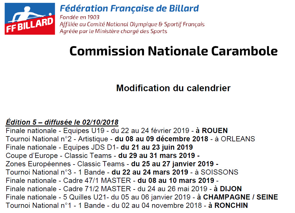 FFB Calendrier Sportif 2018 2019 V5 du 02 10 2018 maj