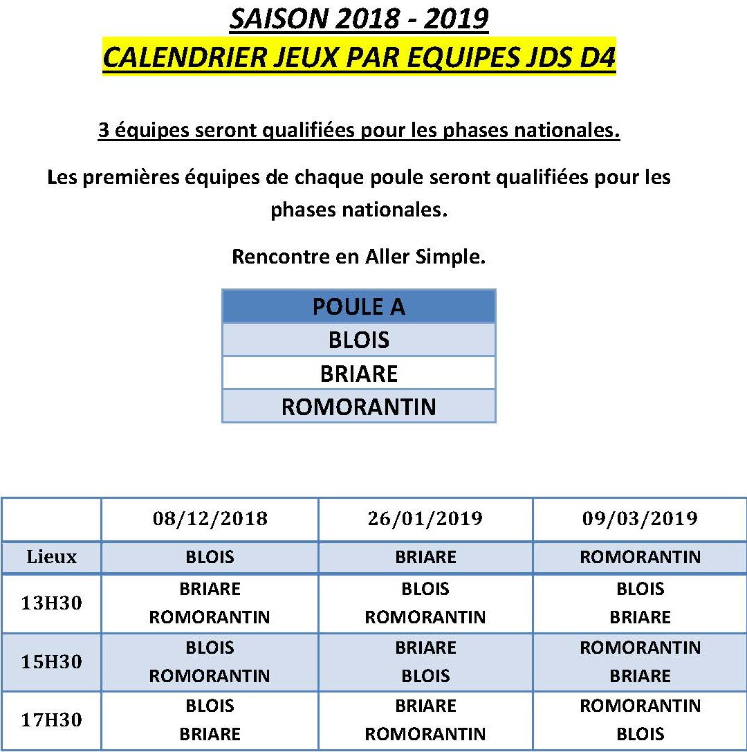 LBCVL 2018 2019 JDS D4 Calendriers Poule A