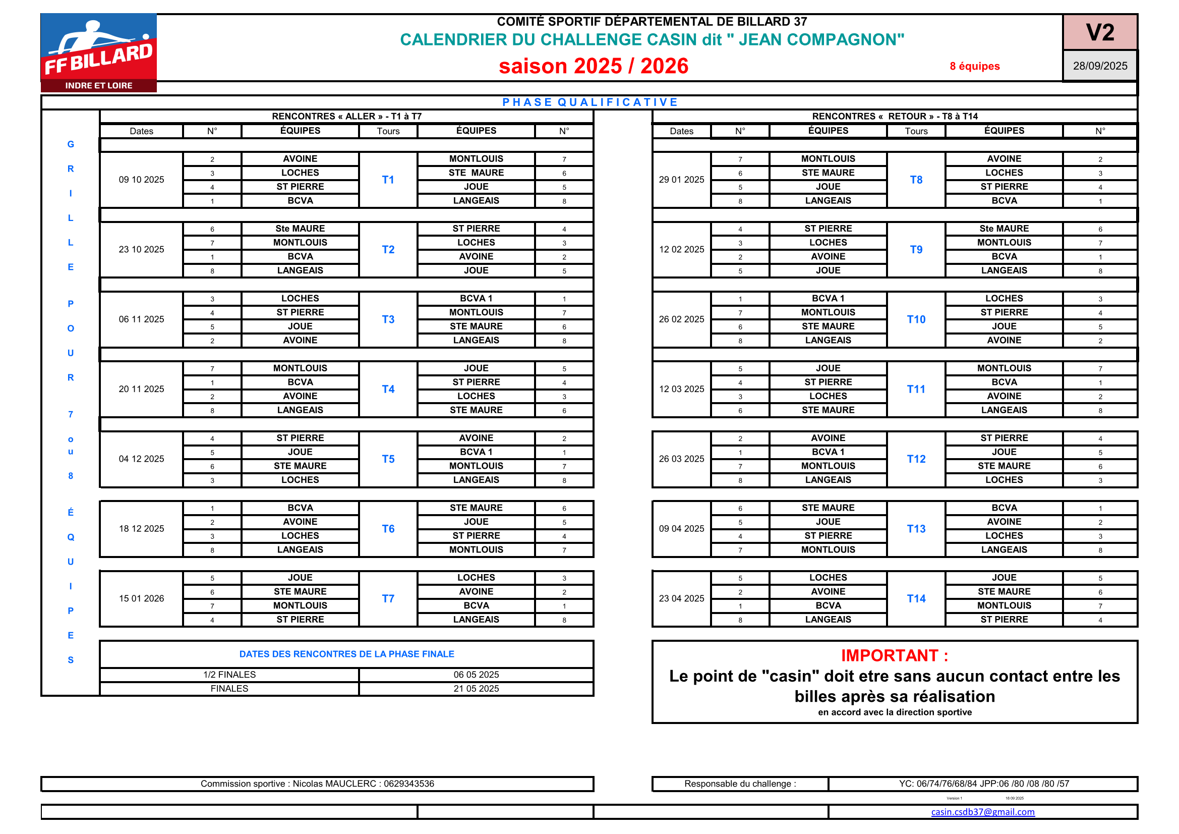 CSDB 37 Casin 2025 2026 Calendrier V2 du 26/09/25