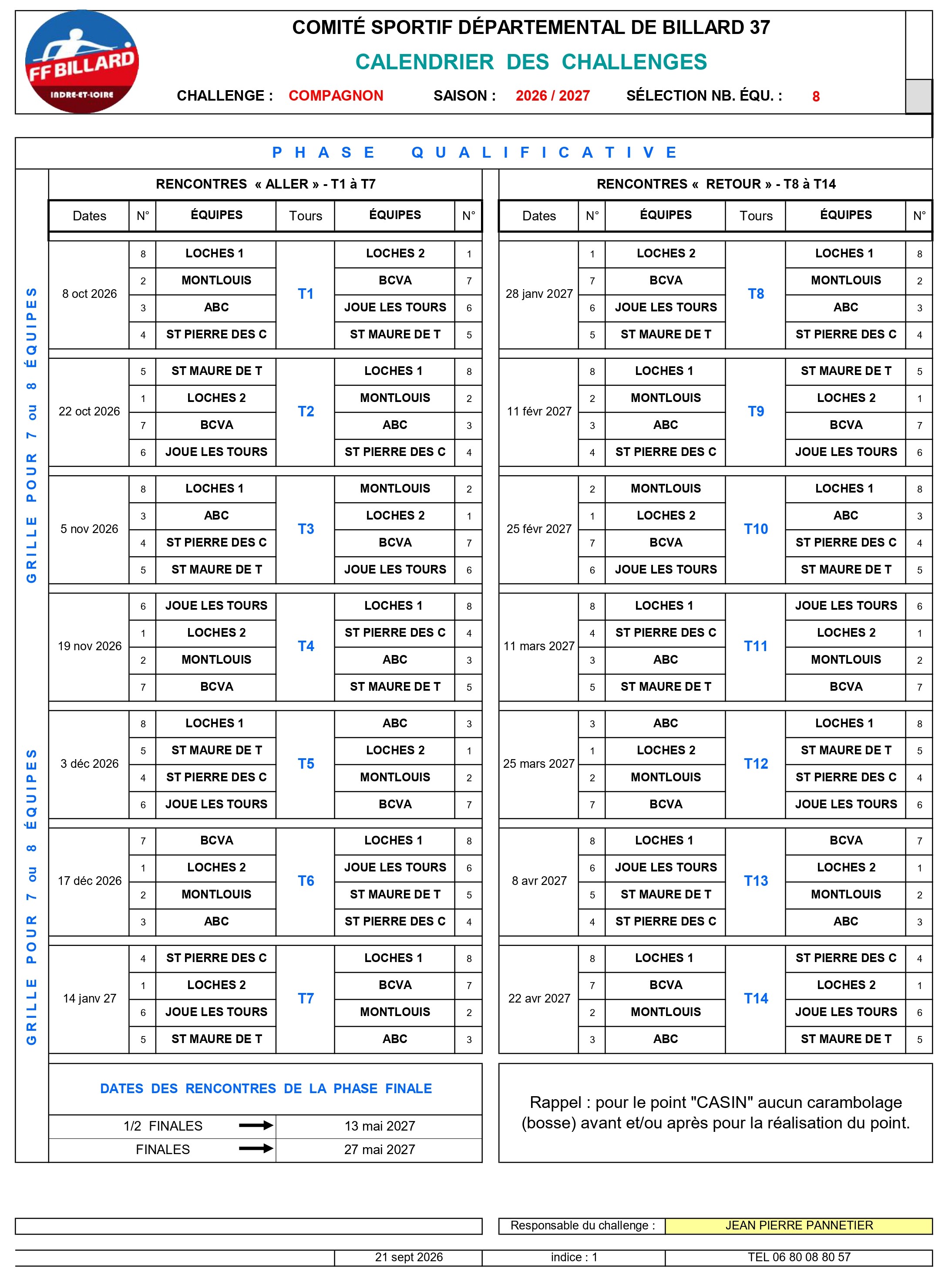 CSDB37 Challenge Casin Compagnon calendrier 2026 2027