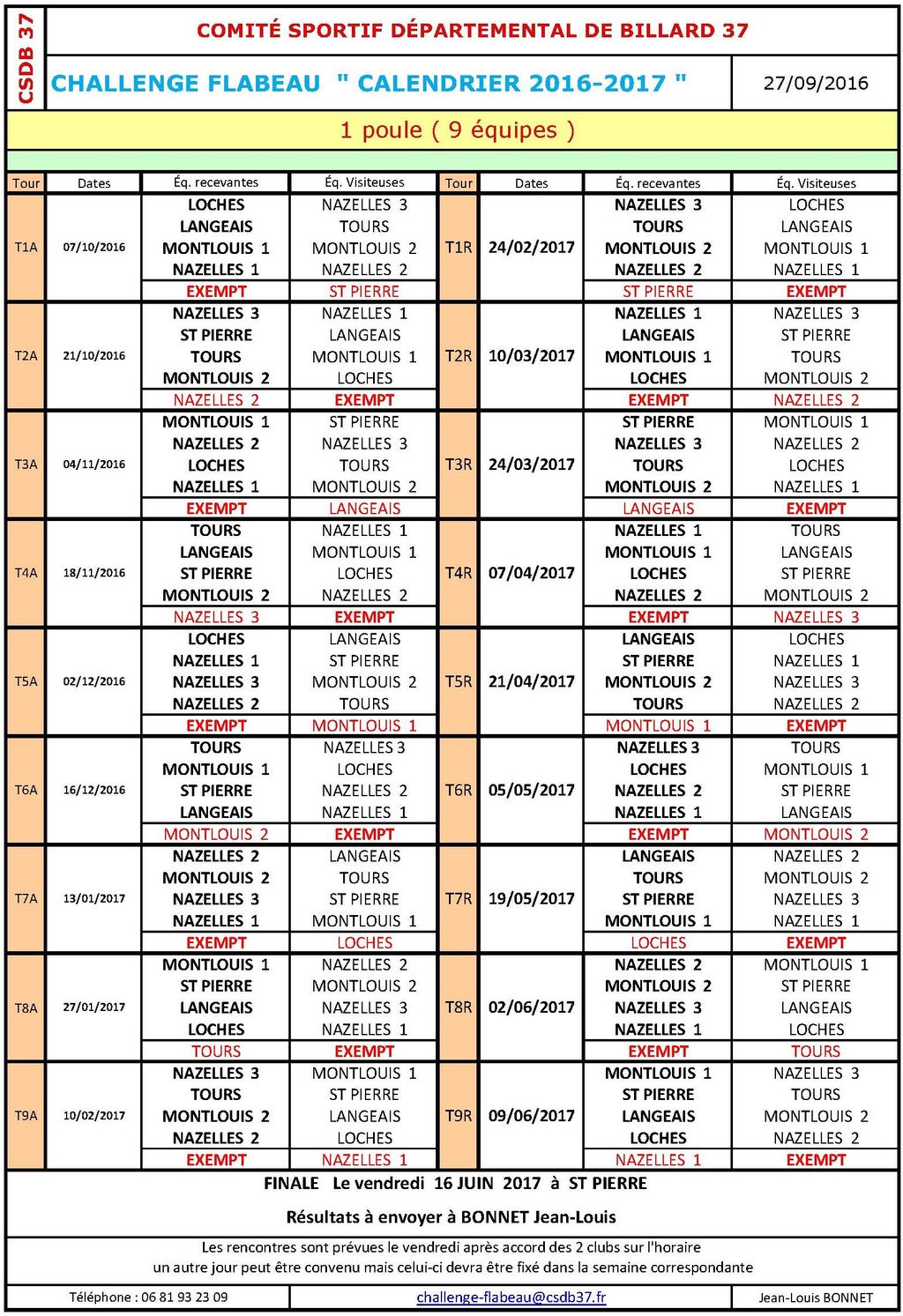 CSDB 37 Challenge Flabeau Calendrier 2016 2017 au 27 09