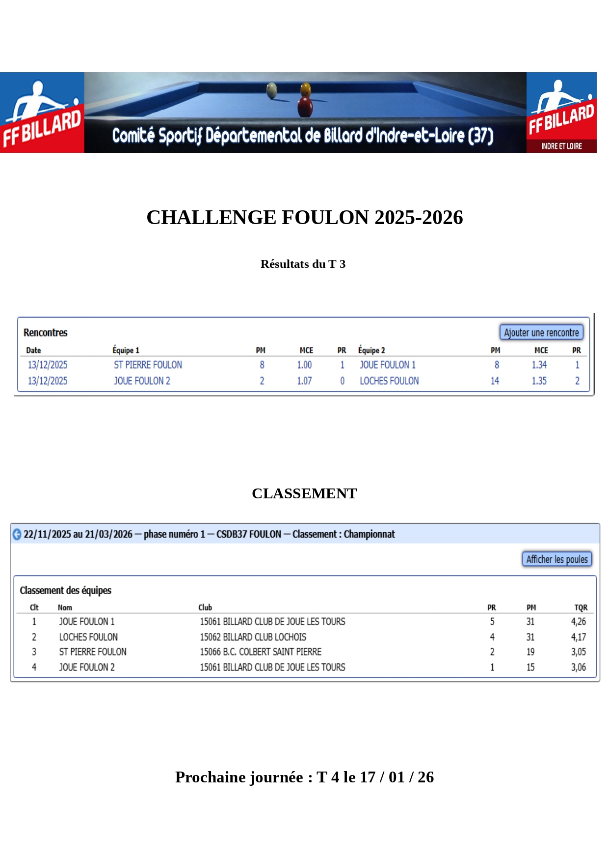 CSDB37 2025 2026 Foulon classement T3