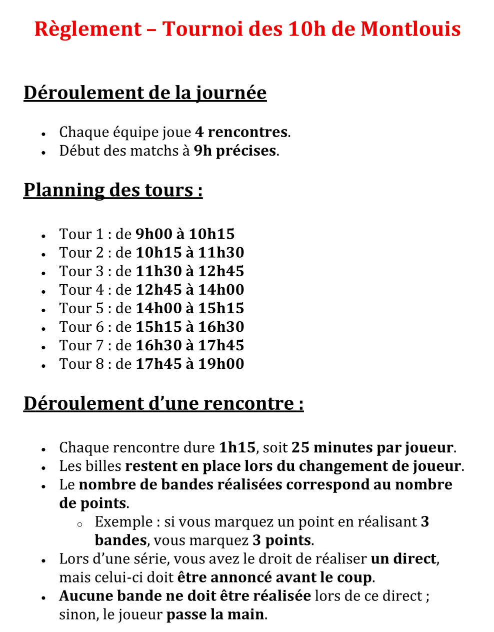 Billard Club Montlouis sur Loire 10H 30 Mai 2026 reglement