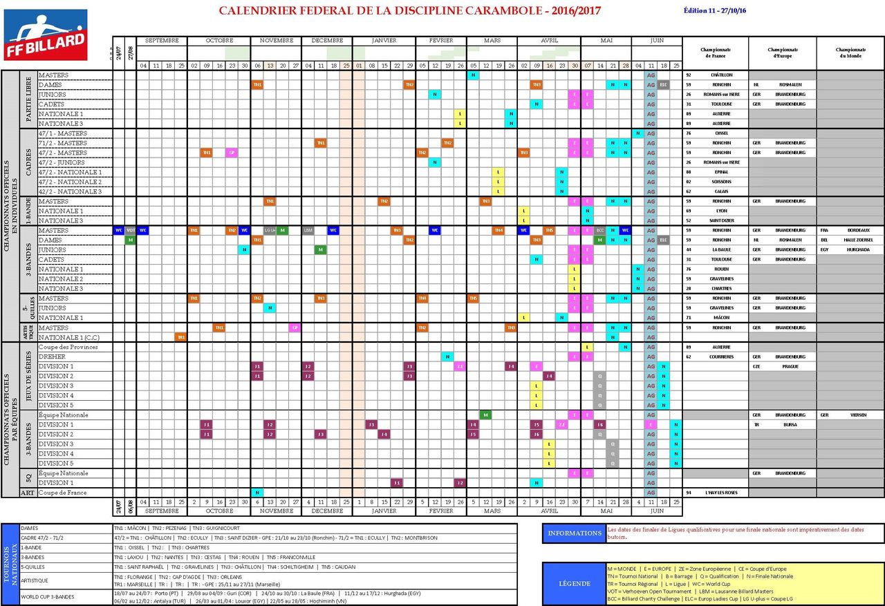 FFB Calendrier sportif 2016 2017 Edition 11 au 27/10/2016