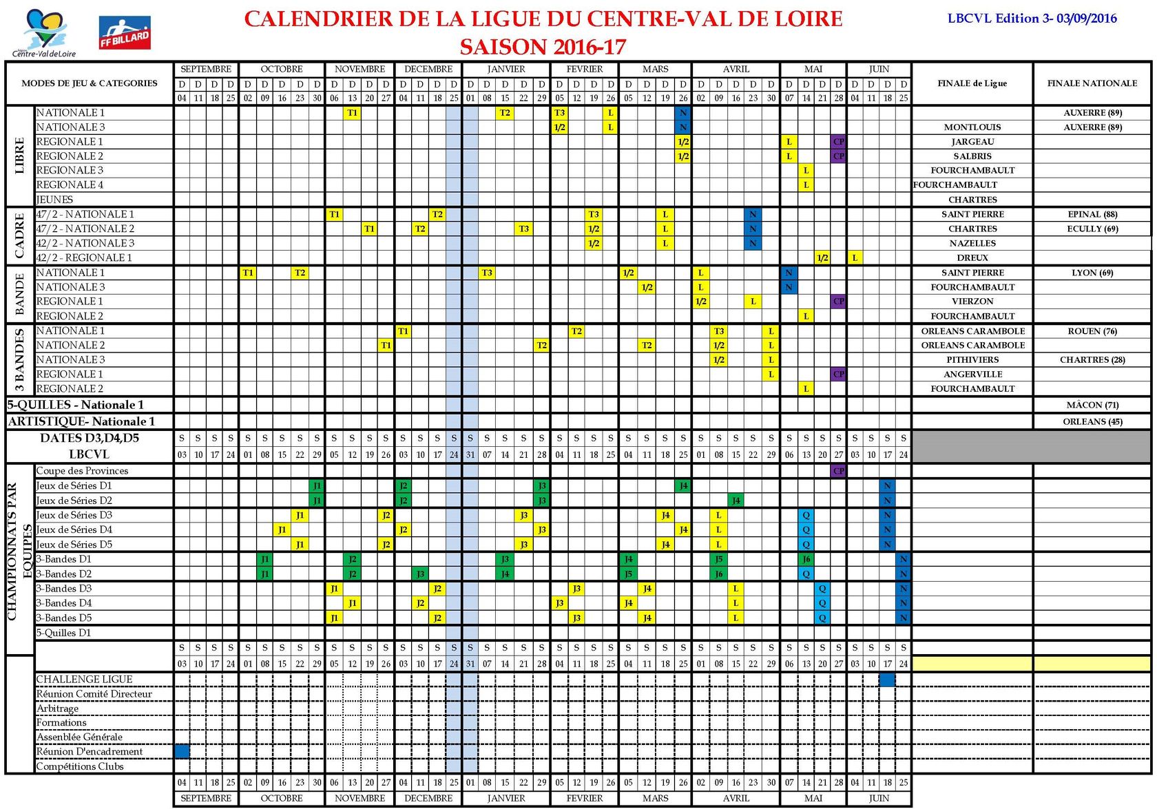 LBCVL Calendrier sportif 2016 2017 Edition 3 au 03 09 2016