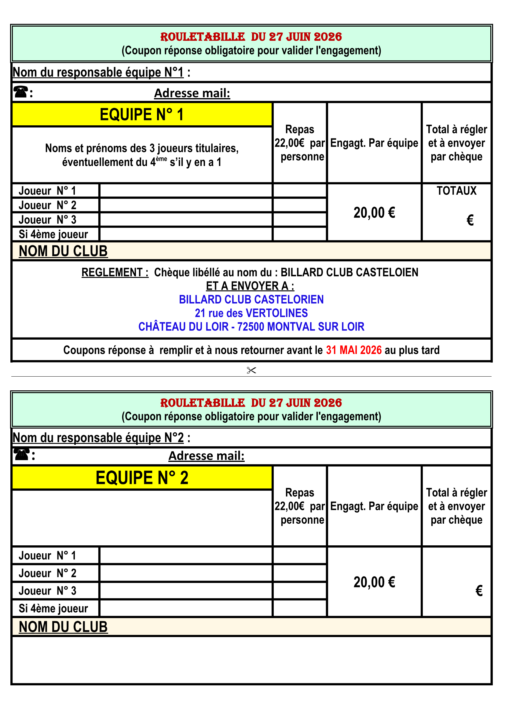 BC Castelorien Rouletabille 27 06 2026 Coupon reponse